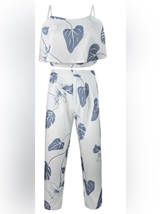Fancyinn Pants - Fancyinn White Two-Piece - Straight Leg Pants Set with Blue Leaf Print